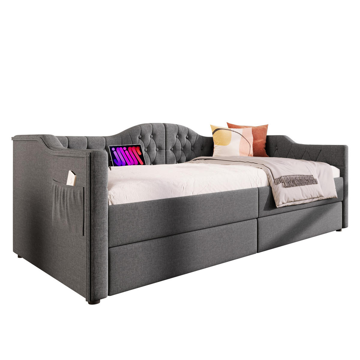 POLSTERBETT 90/190 cm Grau mit USB- und Type-C-Anschlüssen und 2 Schubladen - Grau, Textil (90/190cm) - OKWISH