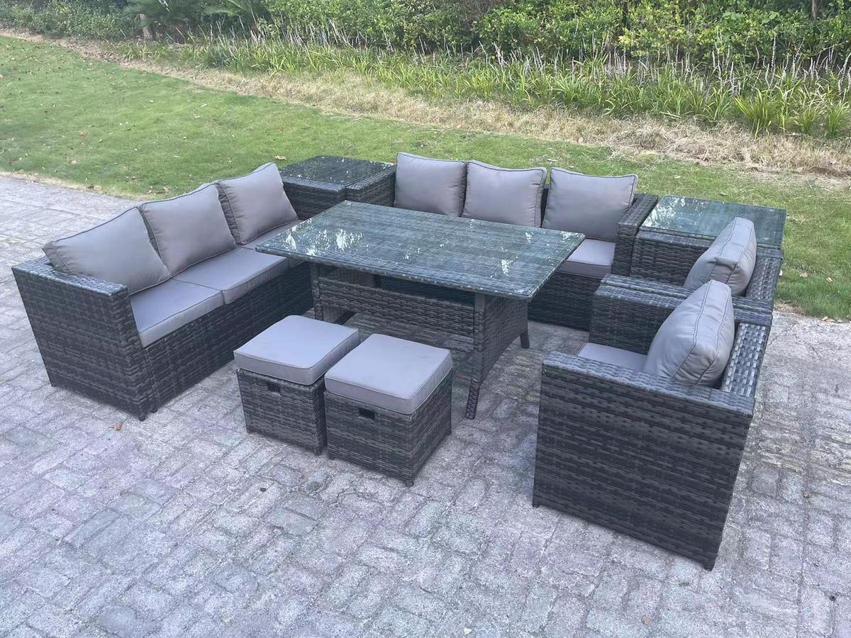 SITZGRUPPE mit Beistelltisch,Hockern Polyrattan Dunkelgrau 10-Sitzer - Dunkelgrau/Grau, Glas/Kunststoff - Fimous
