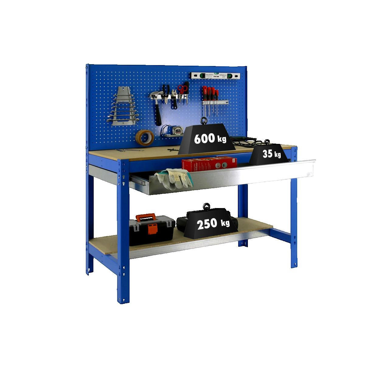 WERKBANK BUFFALO mit Werkzeugwand und Schubfach | HxBxT 84x120x61cm | Traglast 600kg | Blau - Blau, Metall (121/144.5/61cm) - Sonstige