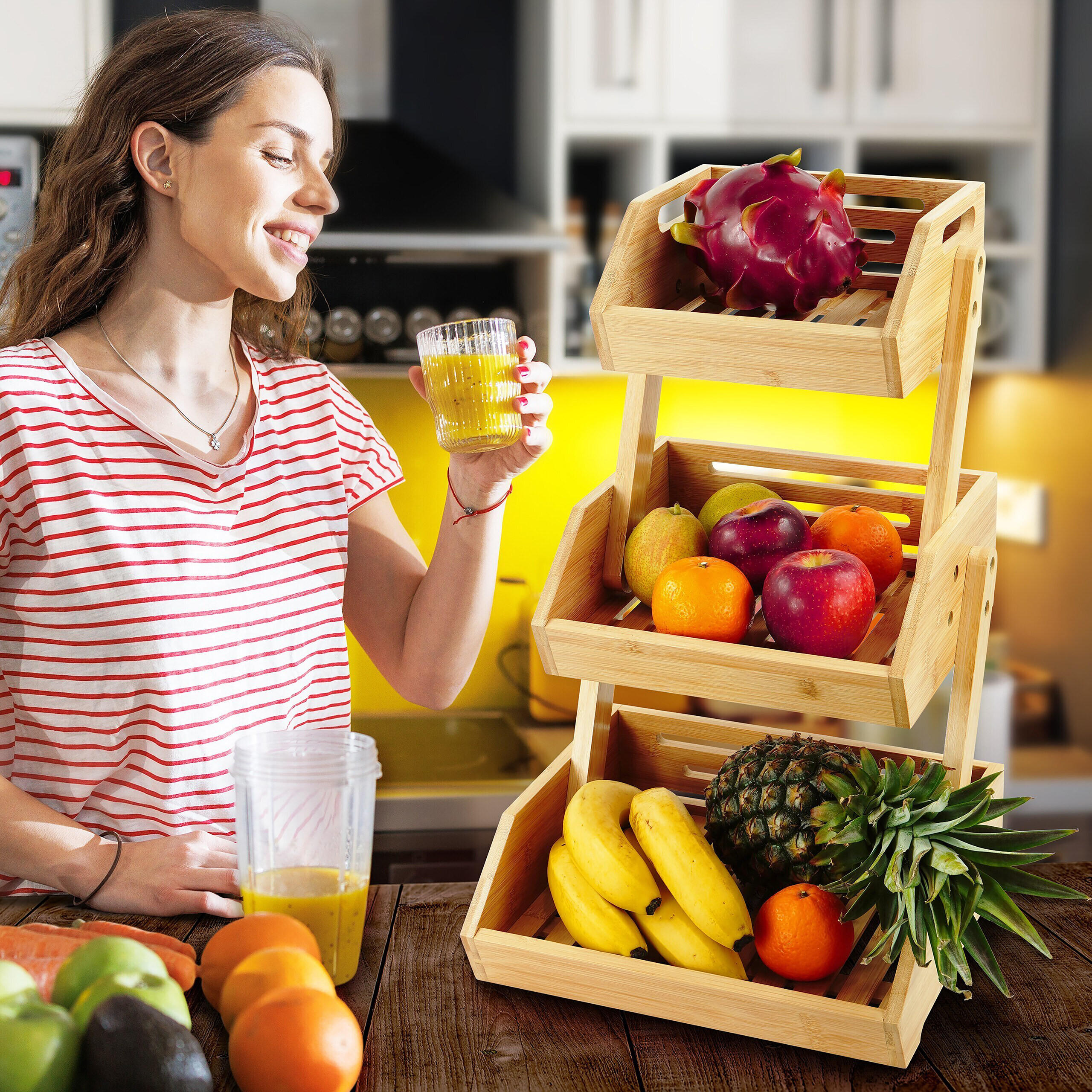 OBSTETAGERE - Hellbraun, Holz (49cm) - Relaxdays