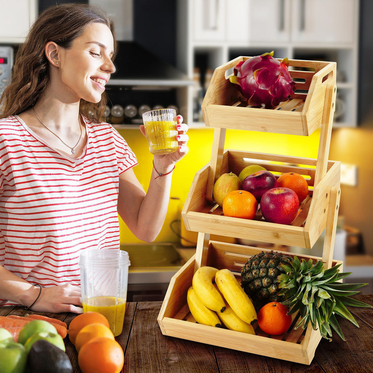 OBSTETAGERE - Hellbraun, Holz (49cm) - Relaxdays