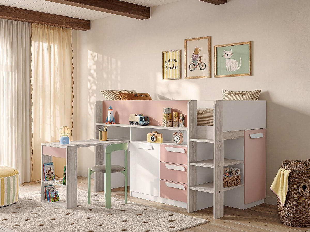 BETTKOMBINATION - 1 Person - holz - rosa, naturfarben hell Loukala - Altrosa, Holz (90/200cm) - Vente-Unique