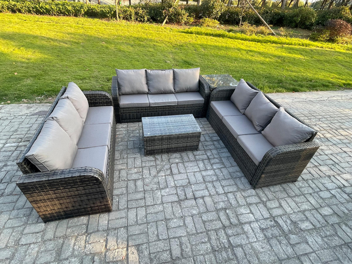 GARTENMÖBELGARNITUR mit KISSEN Polyrattan Dunkelgrau 9-Sitzer - Dunkelgrau/Grau, Glas/Kunststoff - Fimous