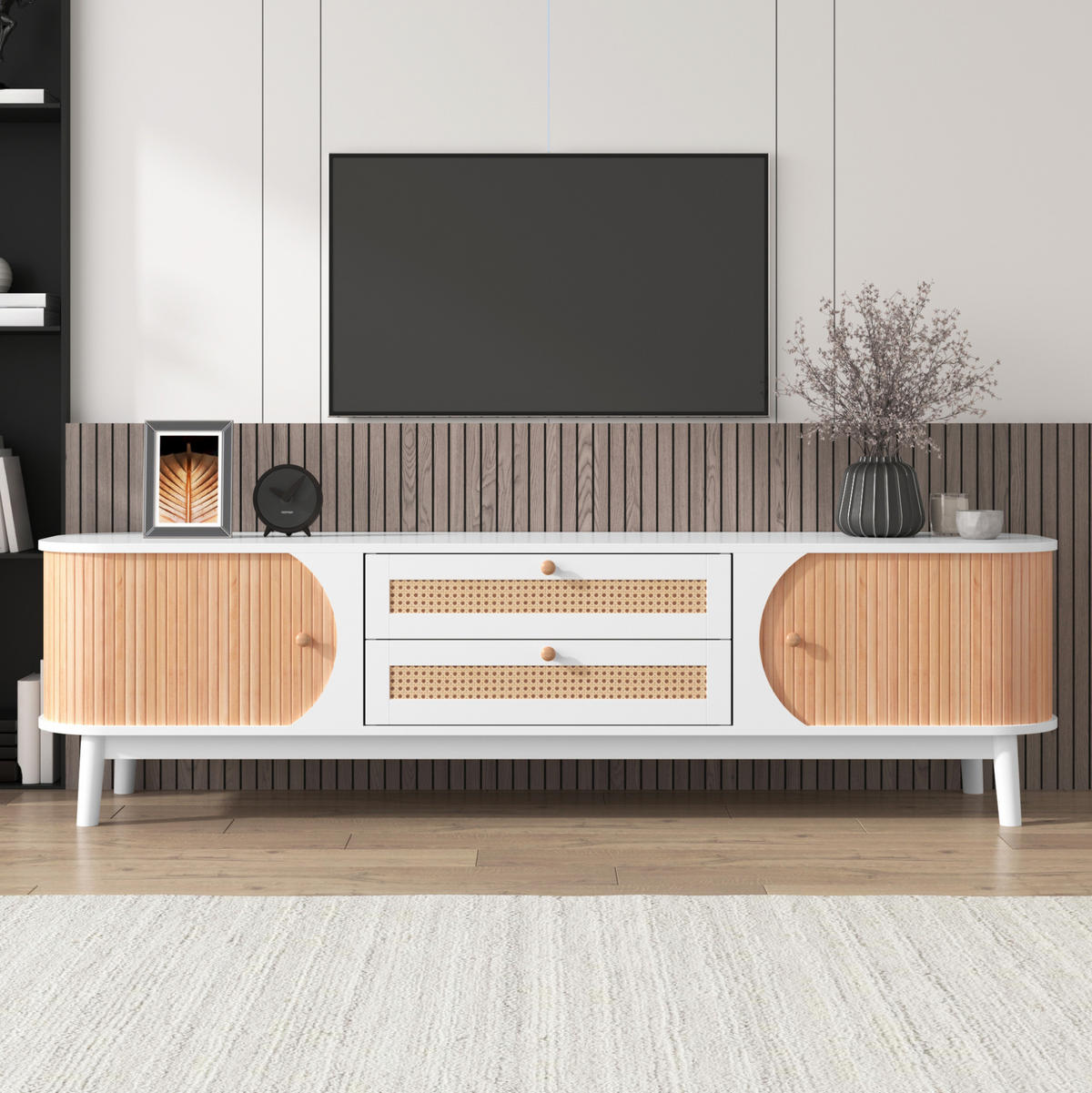 LOWBOARD 170/39.5/46 cm Weiß aus MDF mit Rattanfronten und Türen - Weiß, Holzwerkstoff (39.5/46/170cm) - OKMYHOME