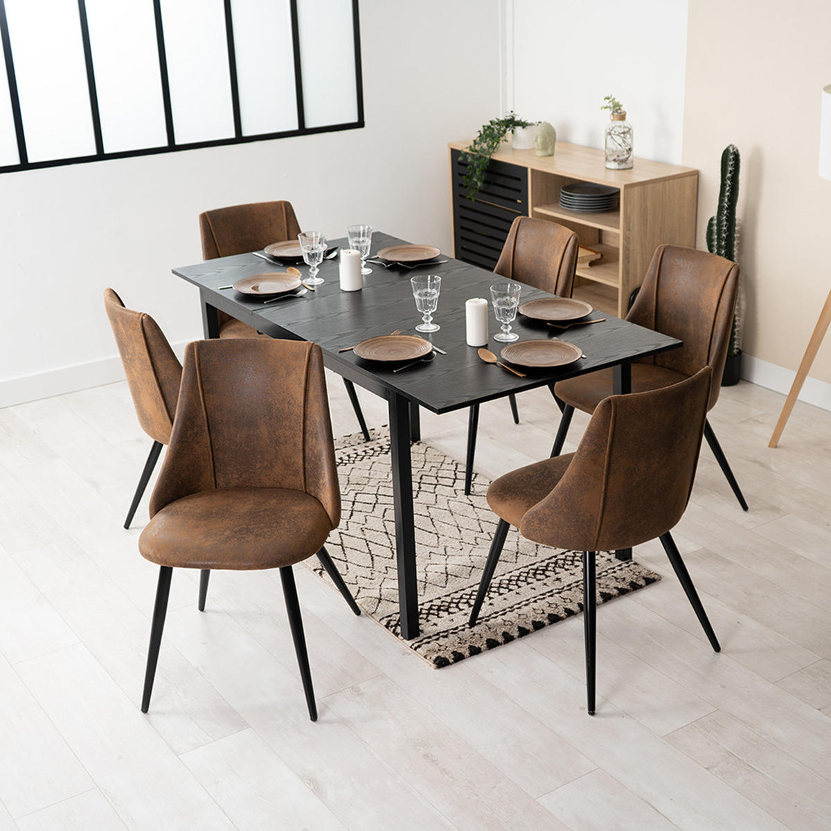 ESSGRUPPE mit 1 ausziehbaren Tisch und 6 Stühlen aus Suede in Braun - Multicolor/Schwarz, Metall (40/86/39cm) - Meubles Cosy