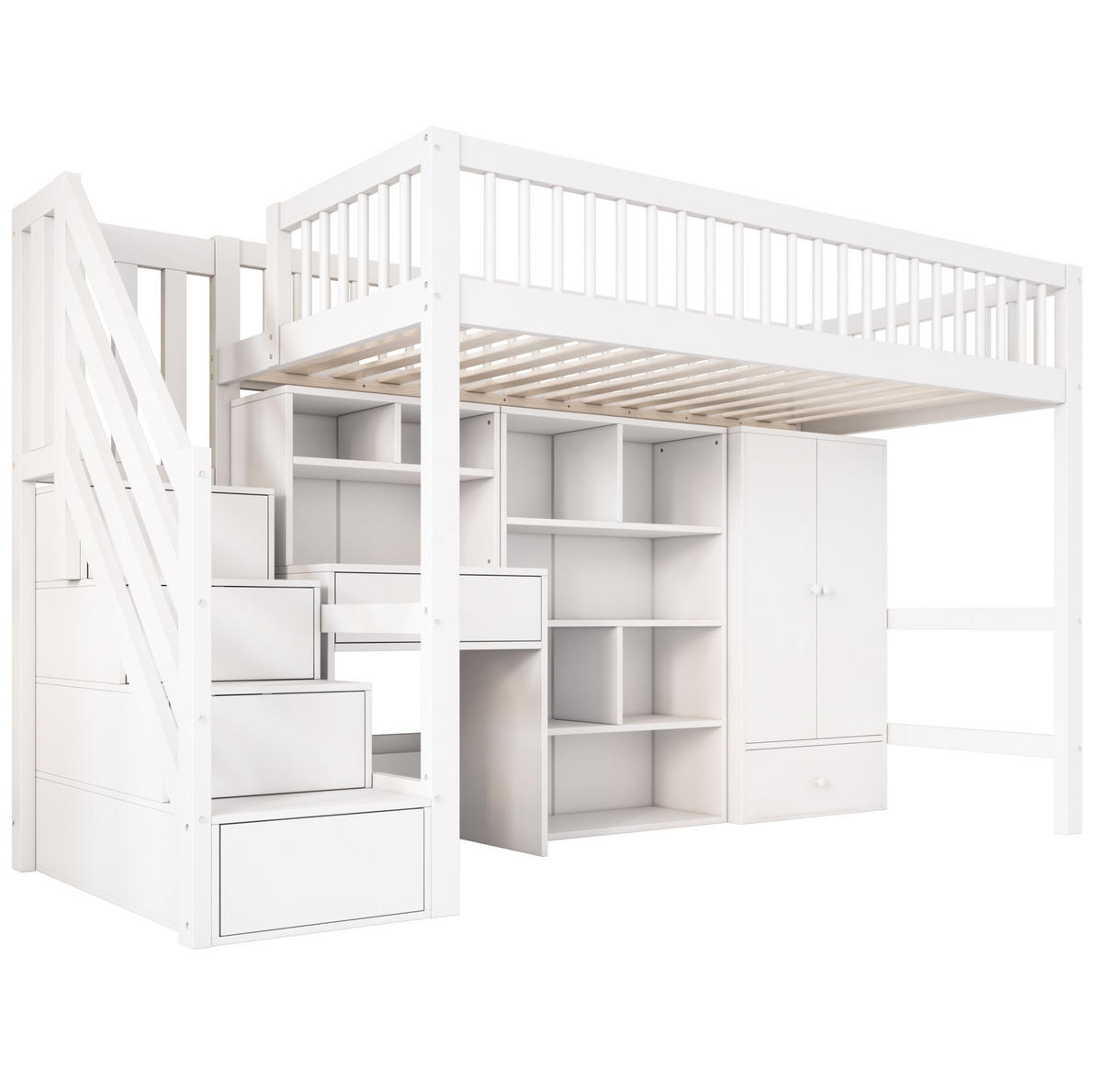 HOCHBETT mit Schreibtisch 90/200 cm in Weiß – mit Stauraum, Treppe und Kleiderschrank - Weiß, Holzwerkstoff (90/200cm) - BEAOK