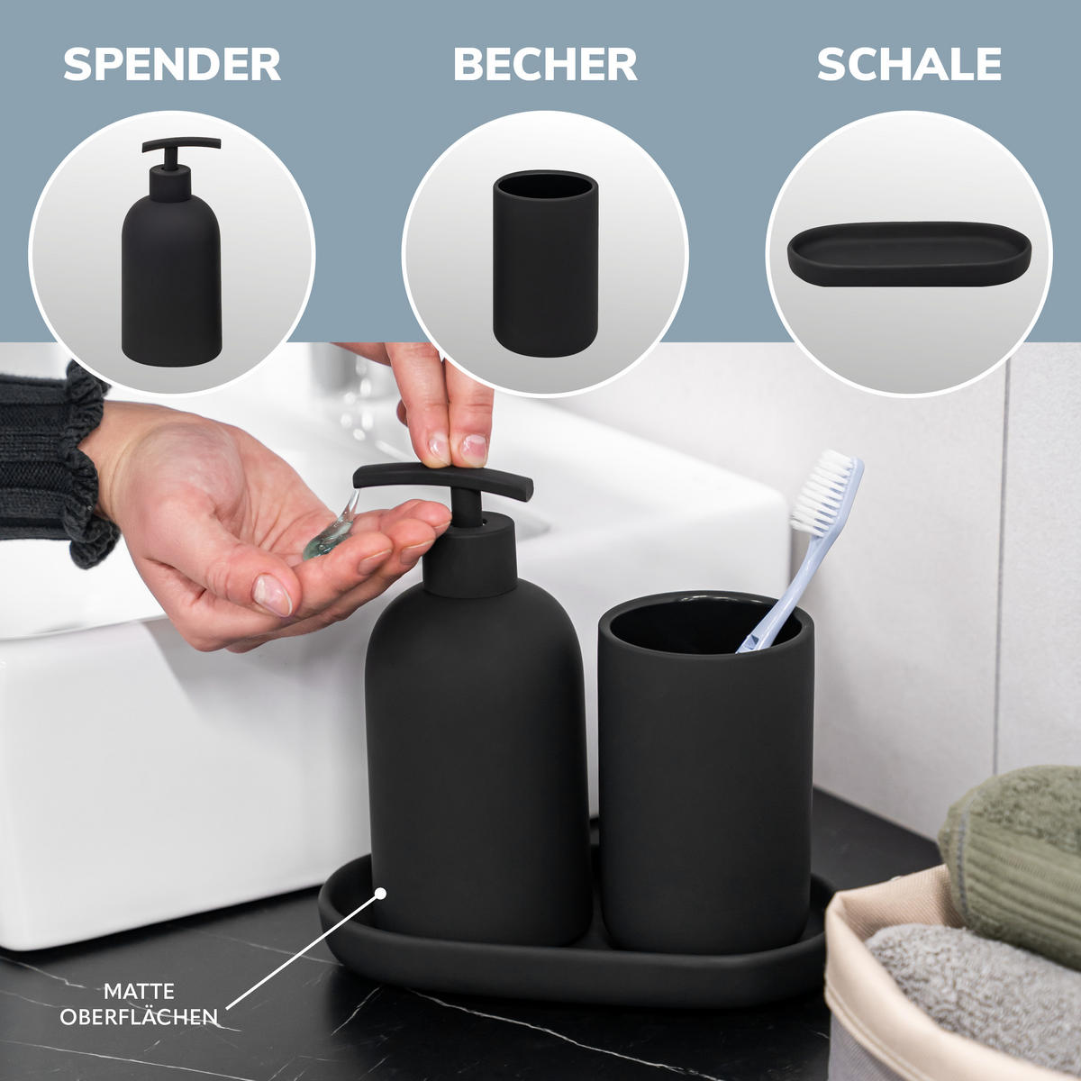 BAD-ACCESSOIRES-SET CERANO, Soft-Touch, schwarz - Schwarz, Keramik (8/18/8cm) - eluno