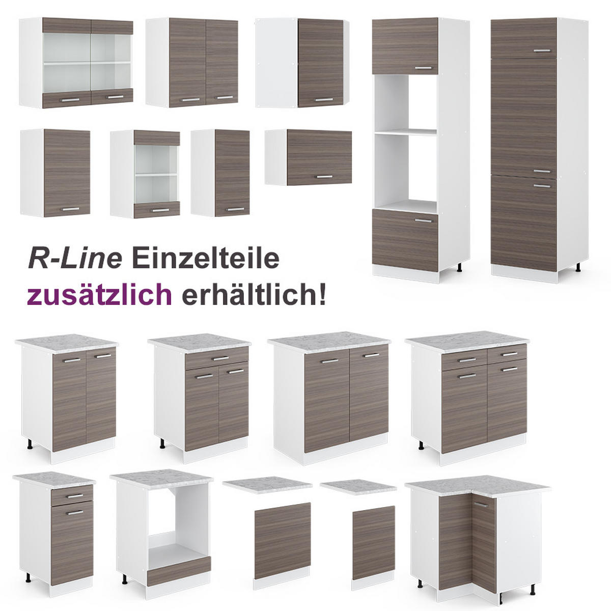 KÜCHENZEILE Raul Edelgrau 240 cm, AP Marmor - Weiß/Grau, Holzwerkstoff (240/81.6/60cm) - Vicco