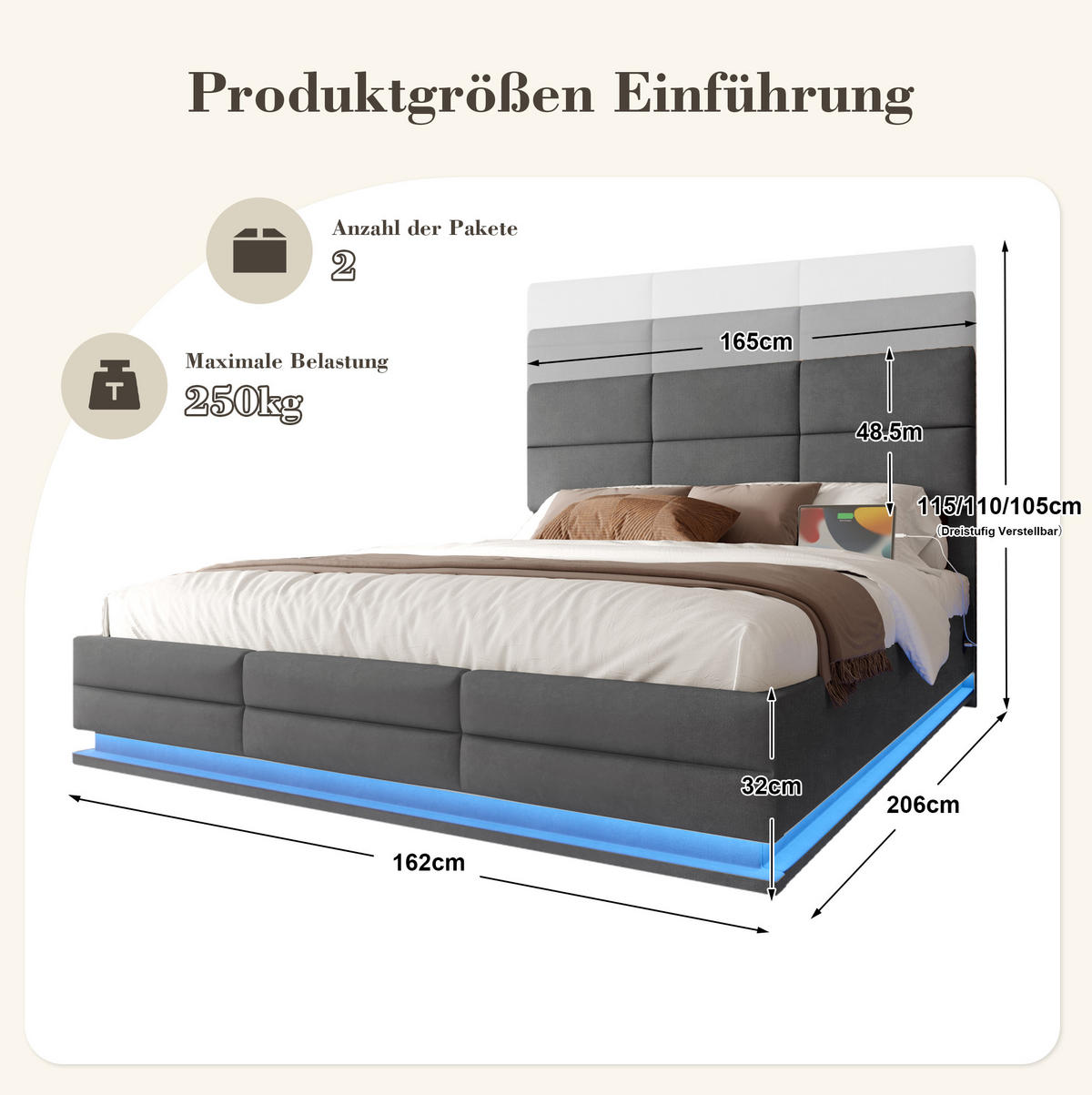 BETT mit Stauraum 160x200 cm Samt Grau mit LED und USB - Dunkelgrau, Metall (160/200cm) - Meubliv