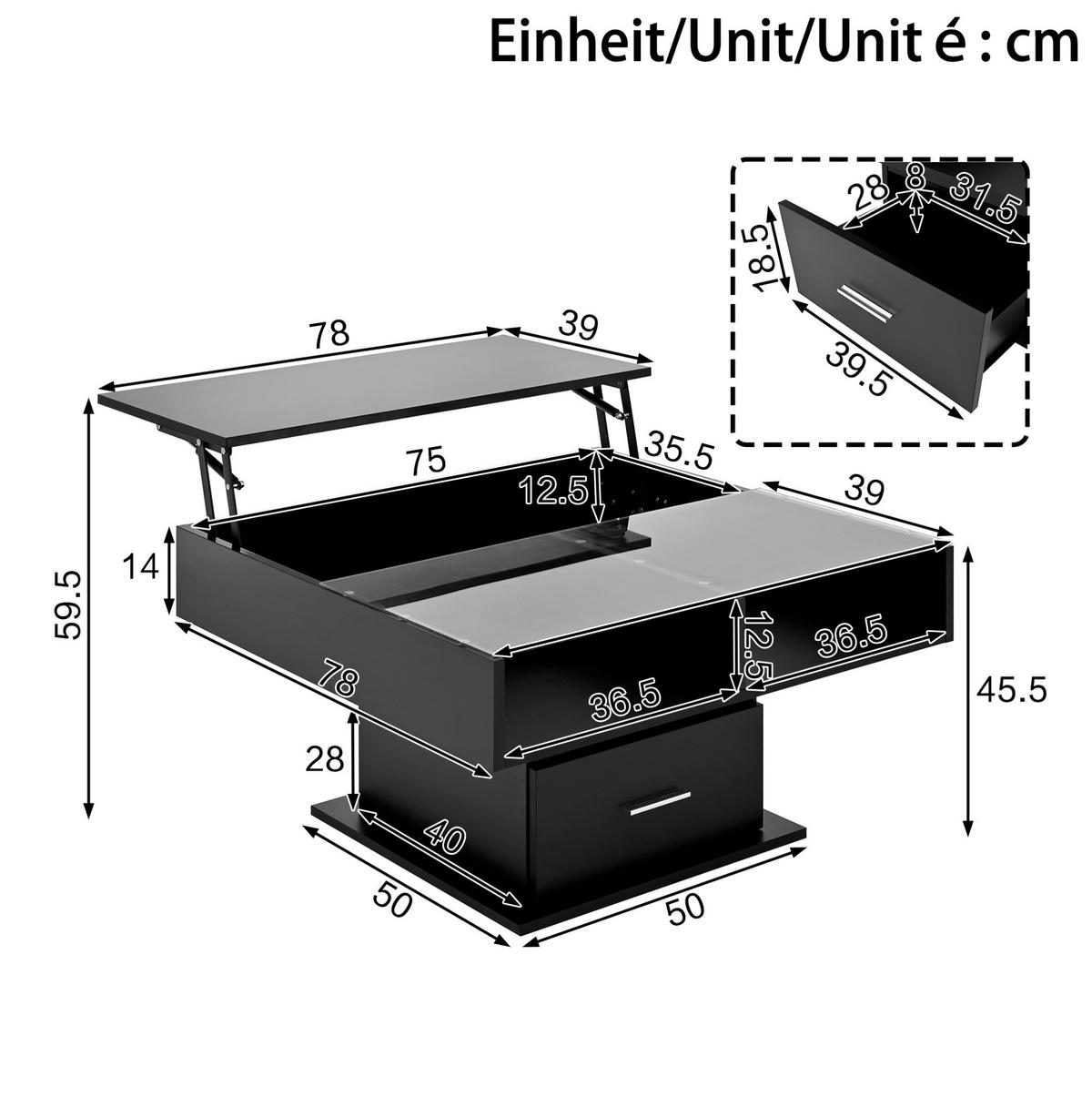 COUCHTISCH höhenverstellbar 78x78 cm Schwarz mit LED & Stauraum - Schwarz, Holzwerkstoff (78/78/45cm) - Meubliv