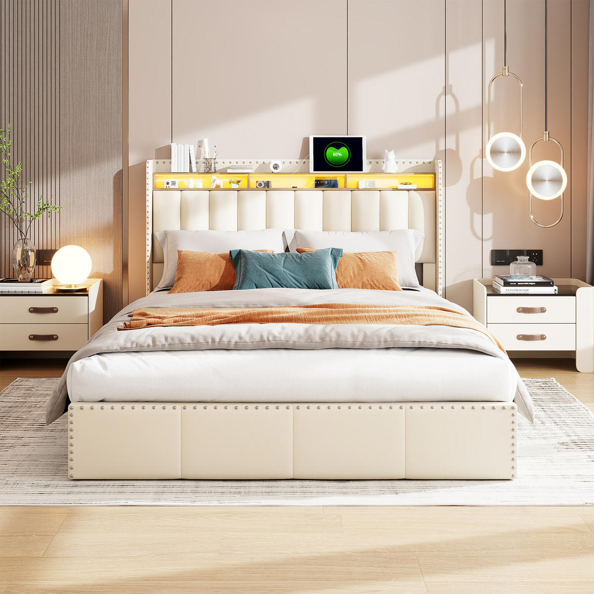 POLSTERBETT 140x200 cm LED Stauraum Kopfteil Lattenrost Samt beige - Beige, Holz (140/200cm) - LEBENLANG