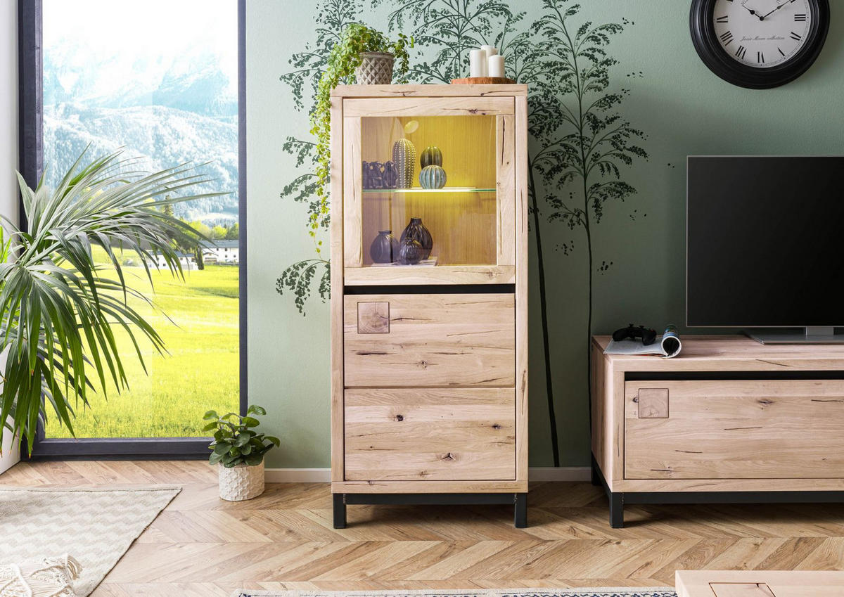 VITRINE Wildeiche 65x40x148 bianco geölt VILLANDERS #204 - Beige, Holz (65/148/40cm) - Massivmoebel24