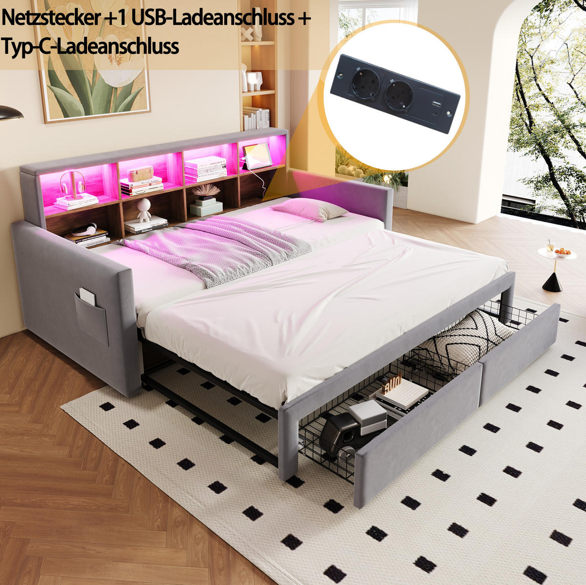 ČALÚNENÁ posteľ 90/190 cm rozkladacia na 180 cm s LED, úložným čelom a zásuvkami, svetlosivý zamat - svetlosivá, textil (90/190cm) - Redom
