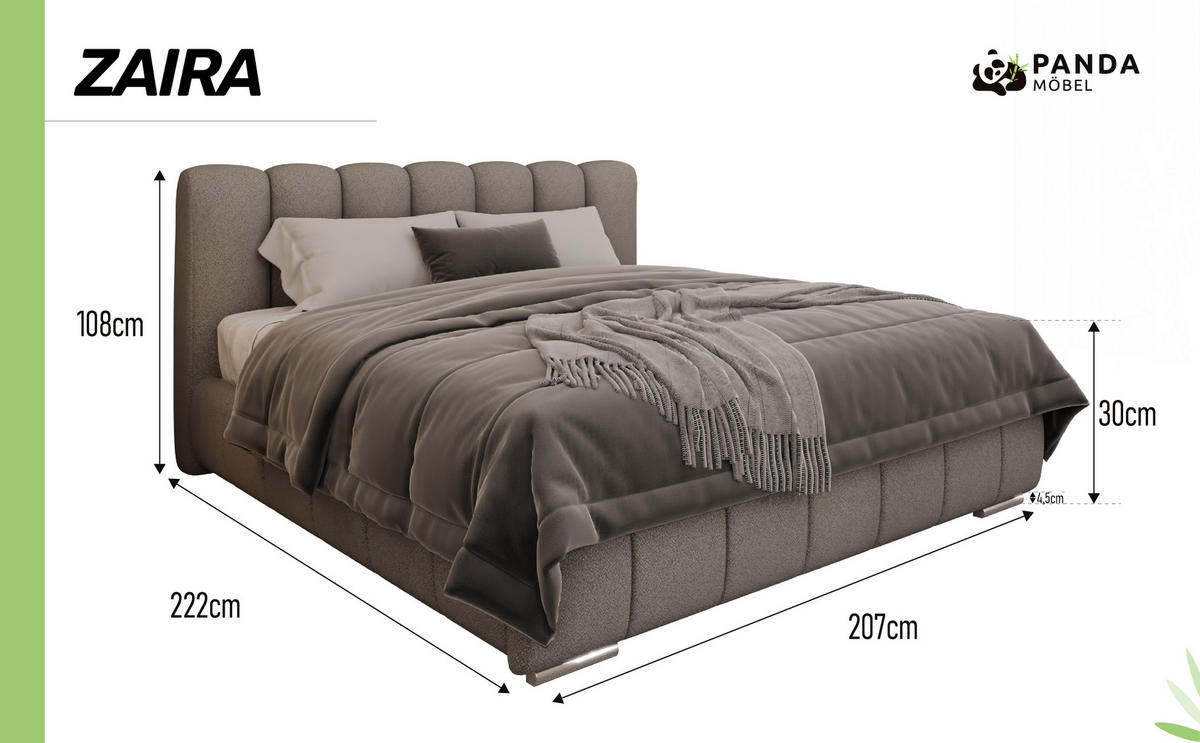 POLSTERBETT Zaira 180x200cm – Elegantes Polsterbett für modernen Wohnstil , Taschenfederkernmatratze Pocket KOKOS (20cm), hellgrau - Hellgrau, Holz (180/200cm) - Panda Möbel