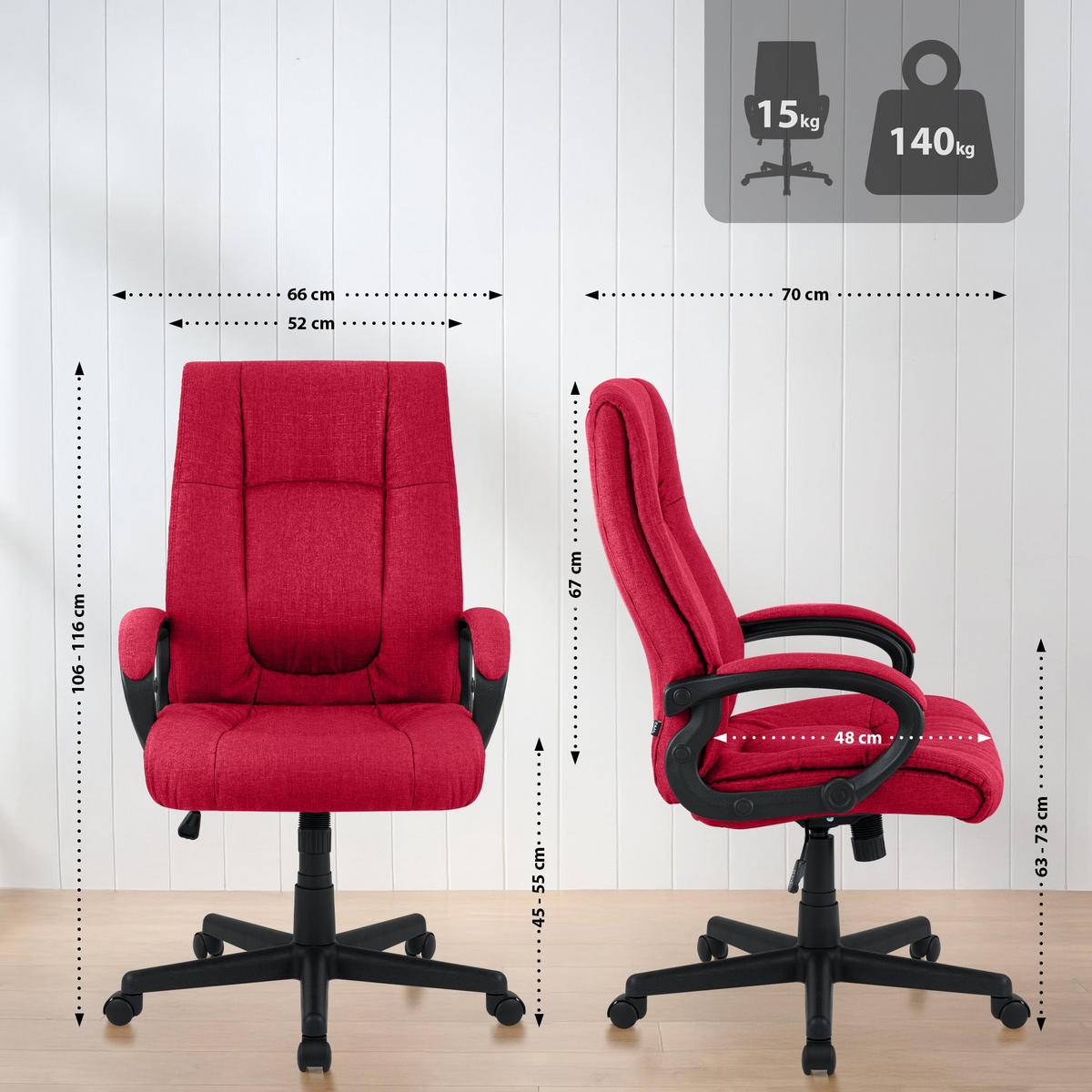 DREHSTUHL Stoff Rot - Rot/Schwarz, Kunststoff/Textil (66/106/70cm) - CLP