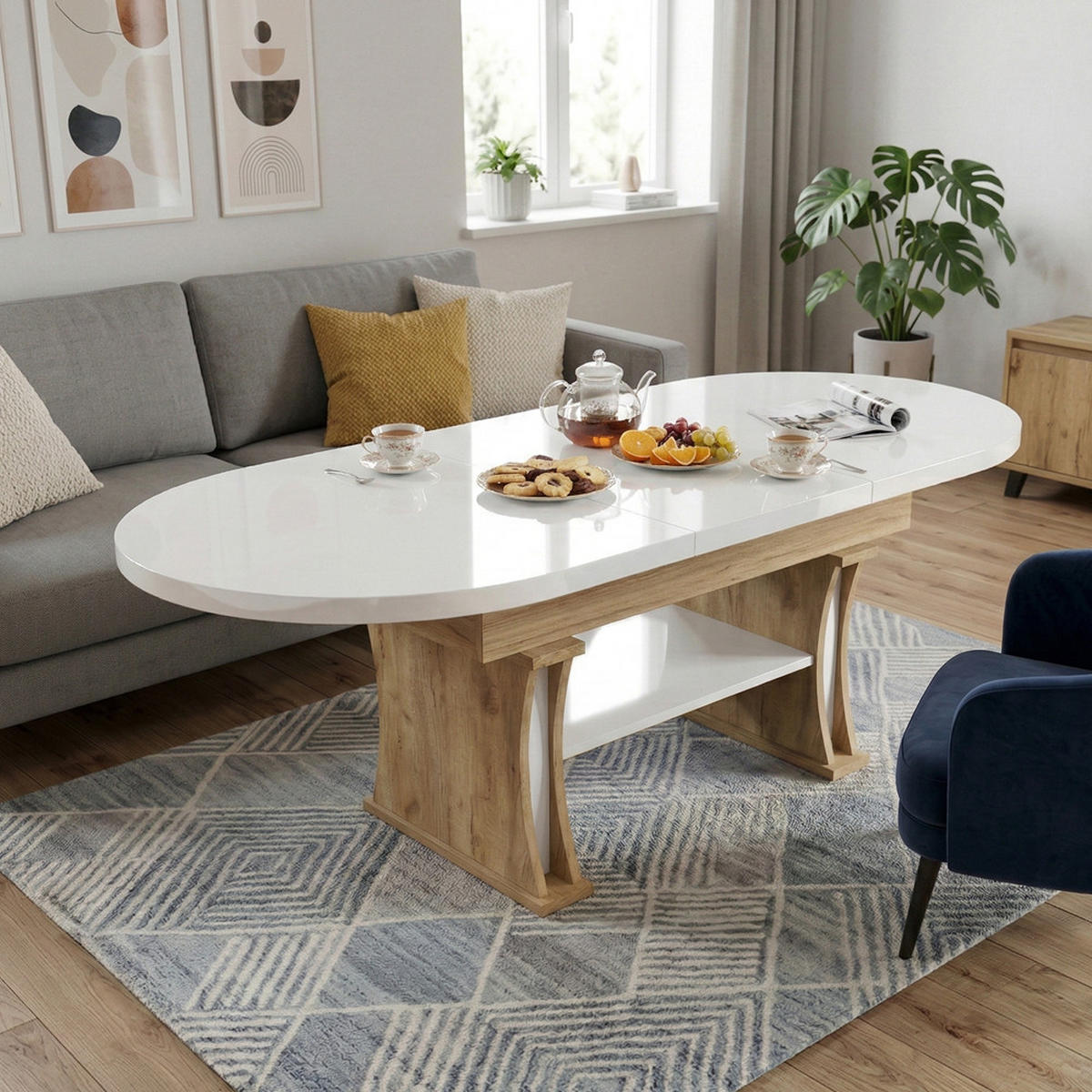 COUCHTISCH oval ausziehbar höhenverstellbar Ablage 130/80/60 cm - Weiß Hochglanz/Eichefarben, Holzwerkstoff (80/130/60cm) - designimpex