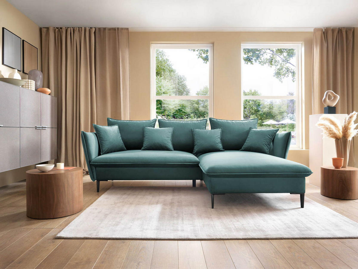ECKSOFA Flavio mit Schlaffunktion, Bettkasten 260 cm, Rechts, Türkis - Türkis, Holz (167/258cm) - Emporius