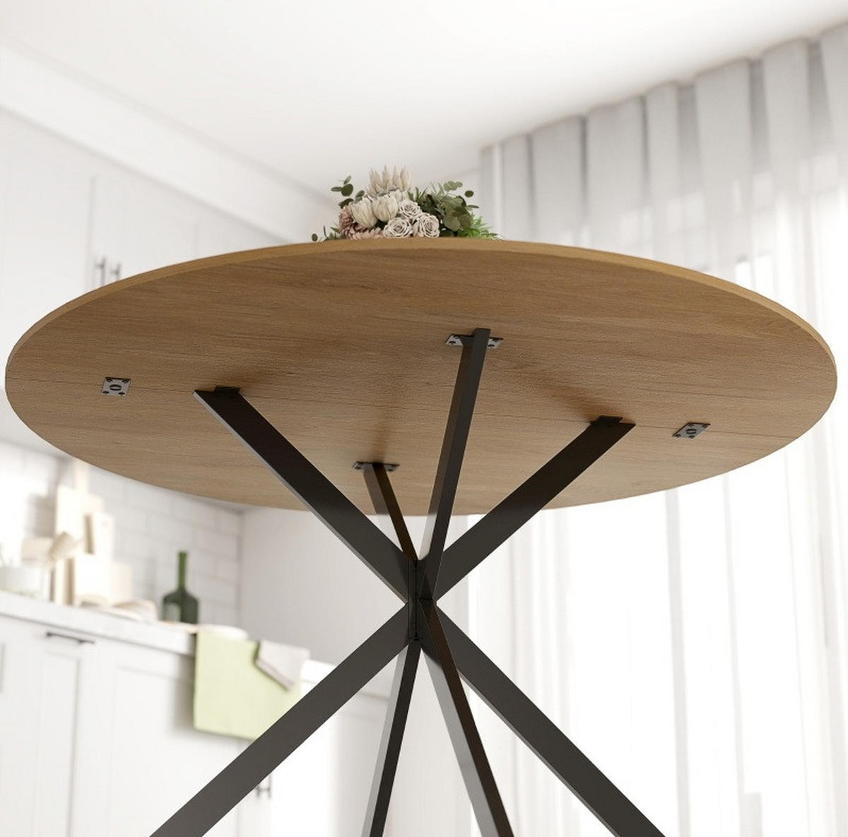 ESSTISCH Ø120 cm aus Holz mit X-förmigen Stahlbeinen im Industriestil, Eichefarben - Eichefarben, Holz (120/120/75cm) - Redom