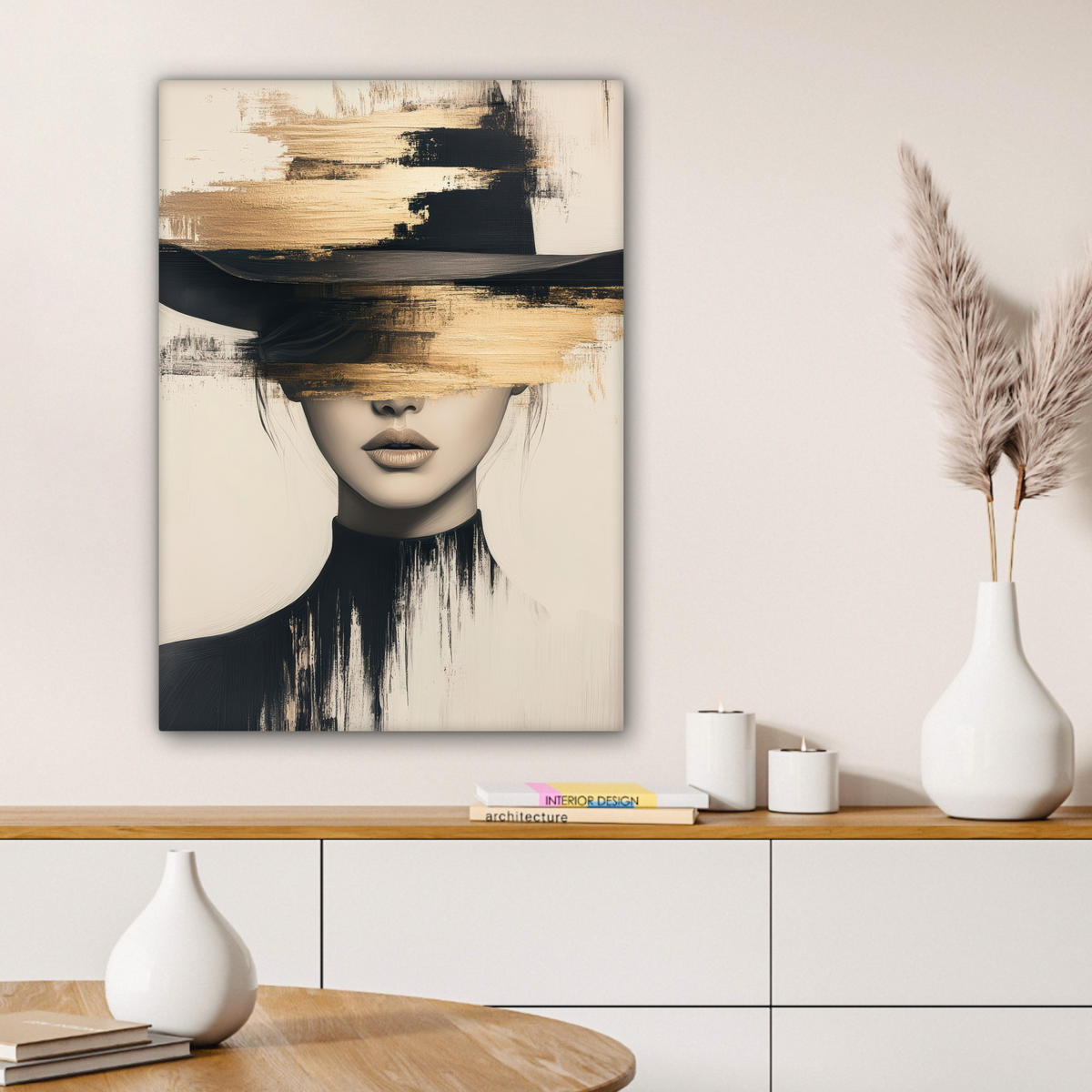 LEINWANDBILD Frau - Hut - Farbe 60x80 cm - Goldfarben, Textil (60/80cm) - MuchoWow