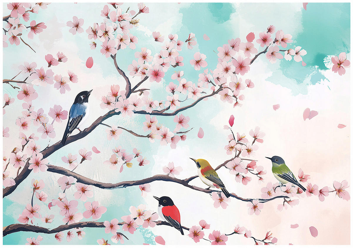 FOTOTAPETE Vögel Blumen Wohnzimmer Vlies Tapete 350x250 - Multicolor, Papier (350/250cm) - Wallarena