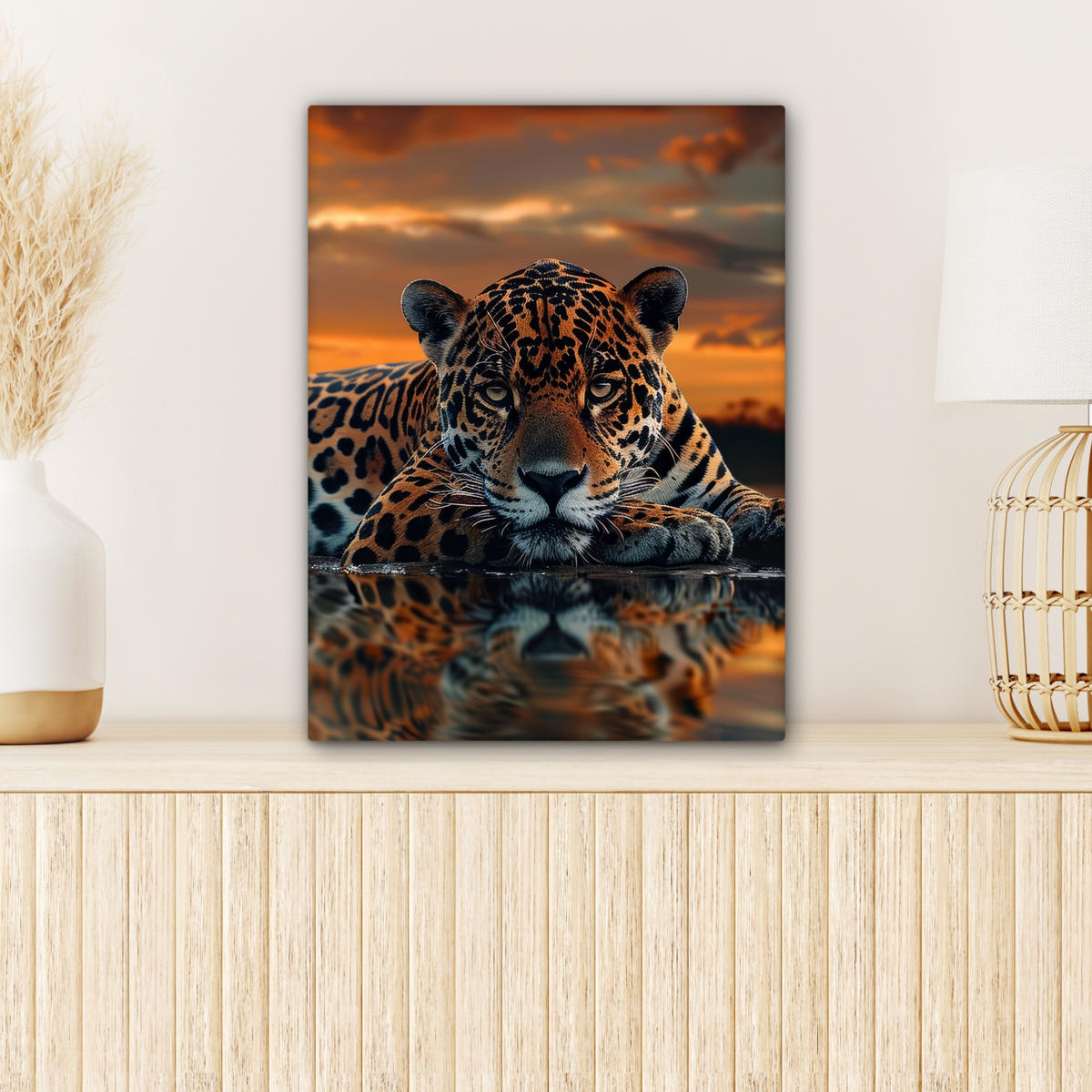 LEINWANDBILD Natur - Leopard - Tier - Sonnenuntergang - Modern Room Decor 30x40 cm - Orange, Textil (30/40cm) - MuchoWow