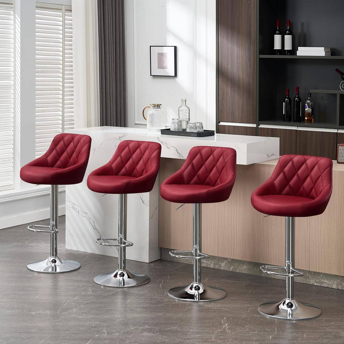 BARHOCKER 2er Set, Kunstleder,Höhenverstellbar, 360° Drehbar - Bordeaux, Metall (47/104/39cm) - Woltu