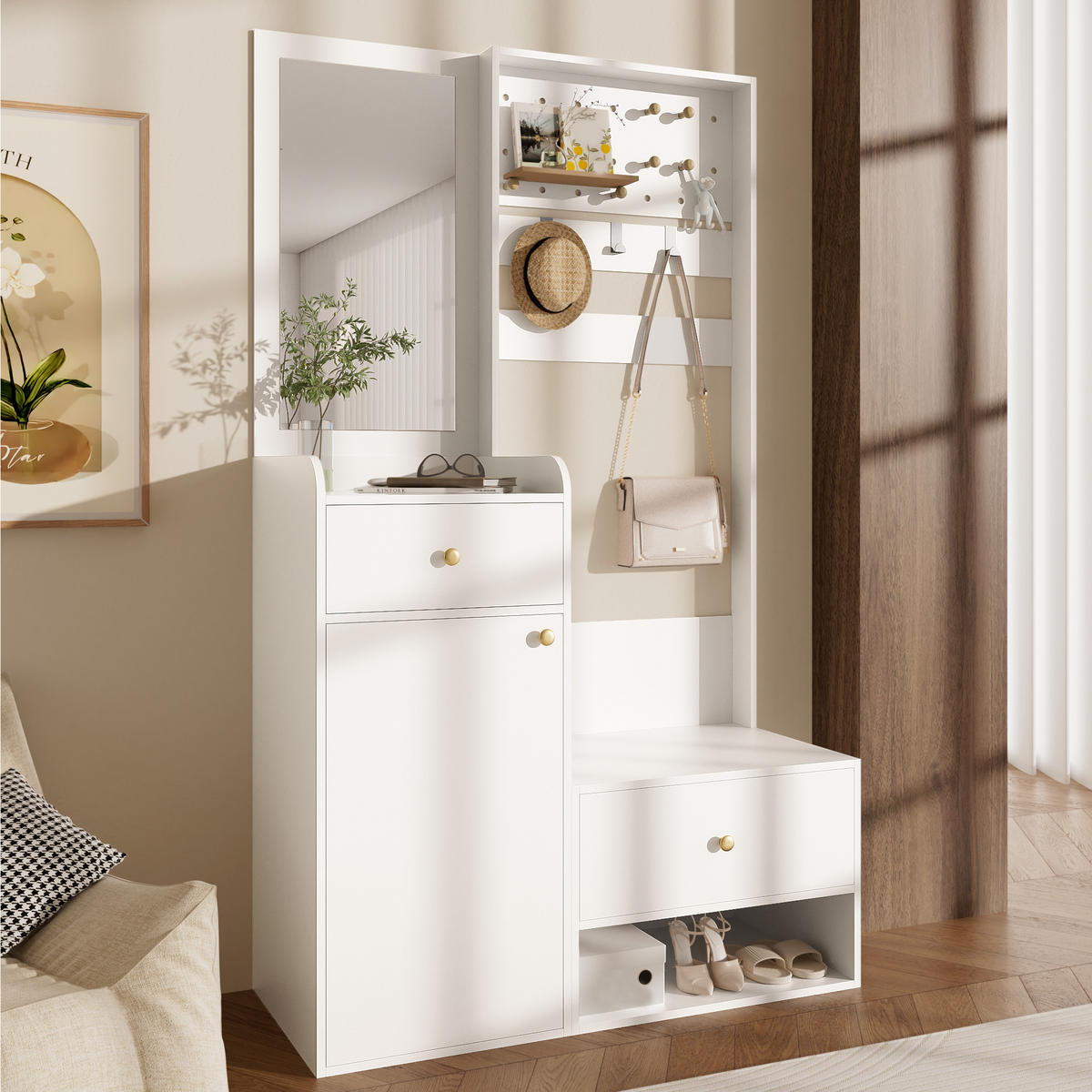 GARDEROBE 105 cm Spiegel Haken Stauraum - Weiß, Holzwerkstoff (105/180/38cm) - LEBENLANG