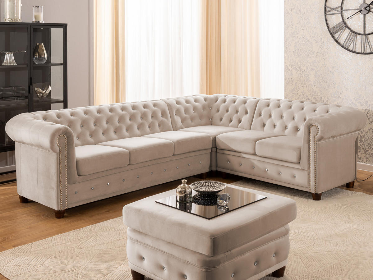 ECKSOFA Chesterfield Cleo Blink Beige Samt mit Kristallsteppung und braunen Massivholzfüßen - Ottomane Rechts - Beige/Braun, Holz/Textil (264/210cm) - S-Style Möbel
