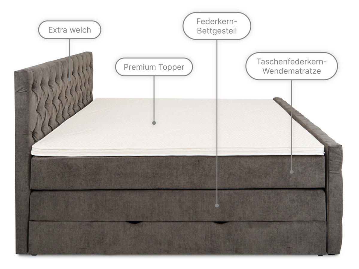 BOXSPRINGBETT London anthrazit 180/200 cm H3/H4 Samt - Anthrazit, Textil (180/200cm) - wonello