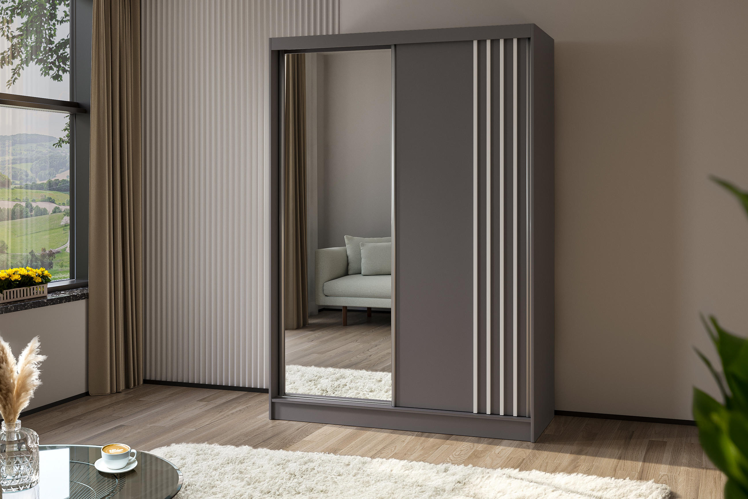KLEIDERSCHRANK mit Spiegel-Schiebetüren und Aluminium-Leisten, LED-Beleuchtung - NALLA - 150 cm Grau+Grau+Weiß - Weiß/Grau, Holzwerkstoff (150/216/61cm) - ALTDECOR