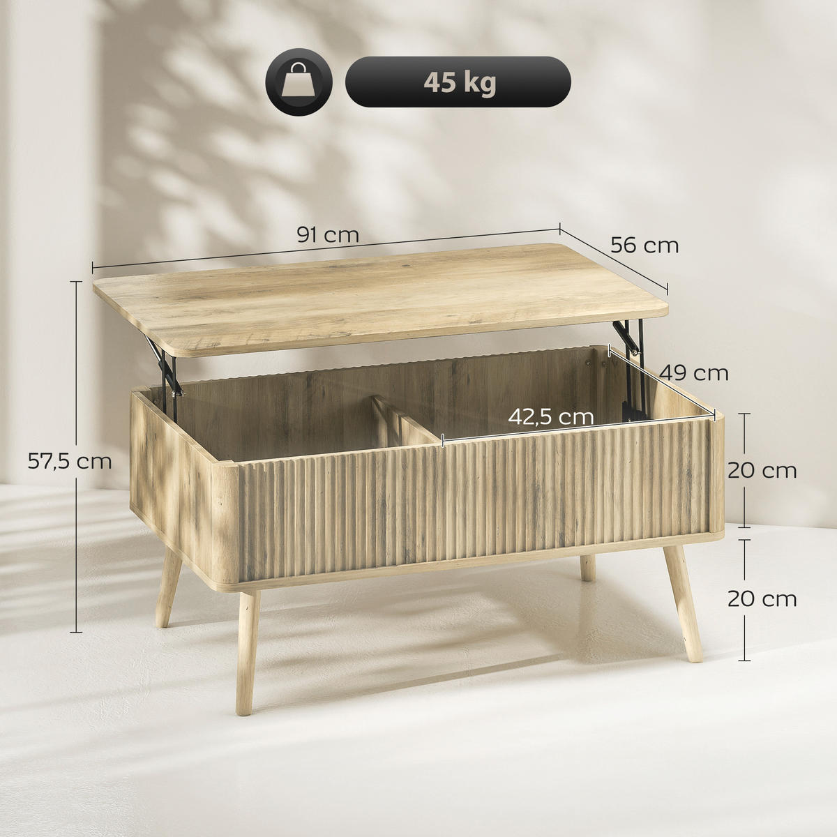 COUCHTISCH DE-15803 klappbare Platte Eiche - Eichefarben, Holzwerkstoff (91/56/43cm) - ComfortXL