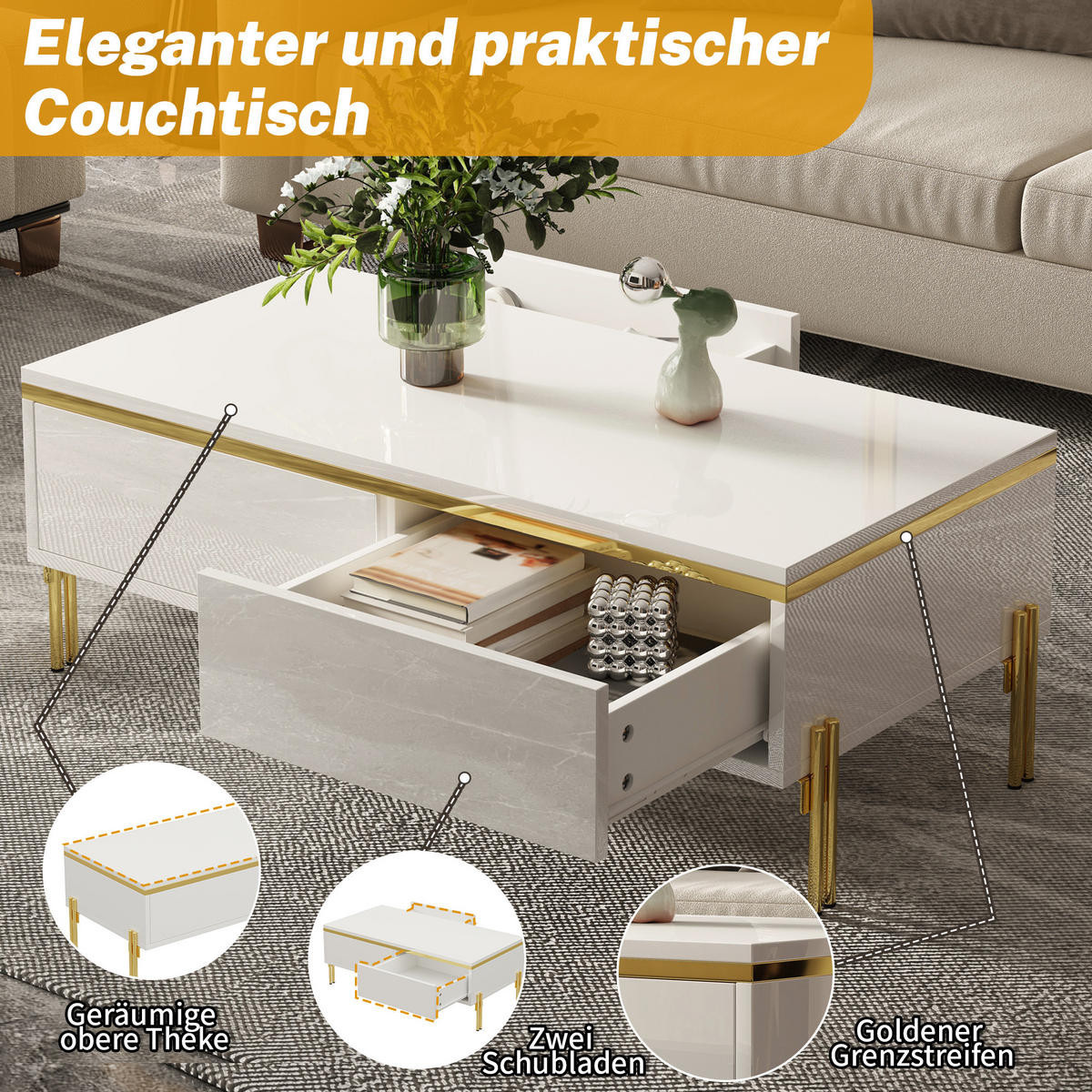 COUCHTISCH 100x50 Hochglanz Multifunktion Wohnzimmermöbel - Weiß, Holzwerkstoff (100/50/36cm) - FLIEKS