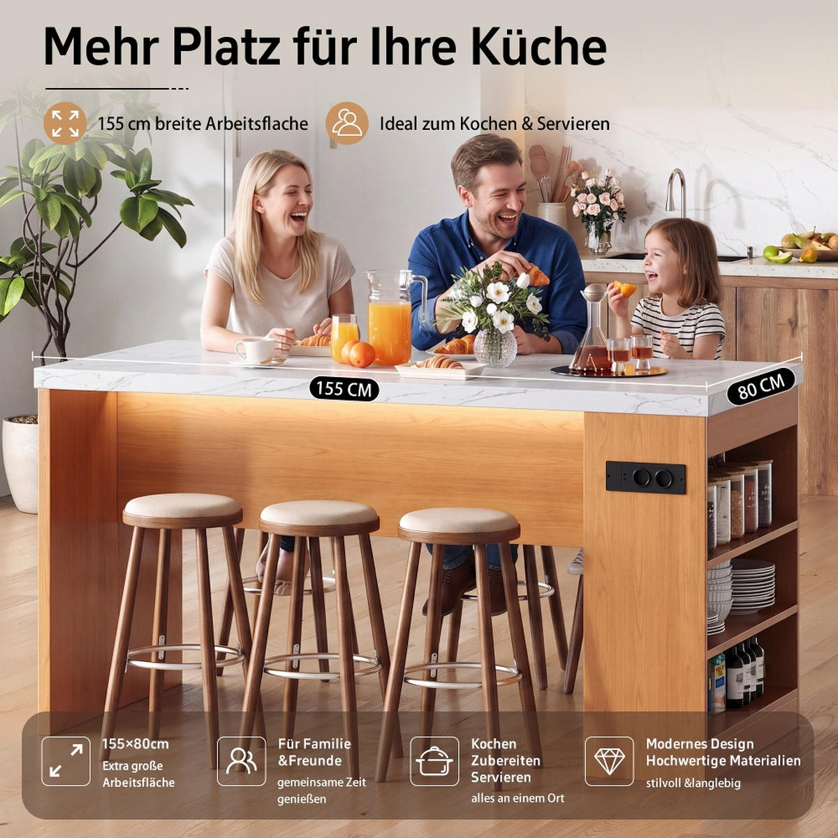 KÜCHENINSEL mit LED-Beleuchtung und Steckdose, 40 mm Arbeitsplatte, 3 offene Ablagen, MDF, 155/80/90 cm - Naturfarben, Kunststoff (80/90/155cm) - Rolipo