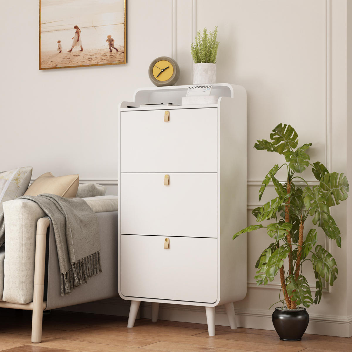 SCHUHSCHRANK aus MDF & Melamin in Weiß mit 3 Klapptüren - Weiß, Holzwerkstoff (63/133.7/29.5cm) - Modfu