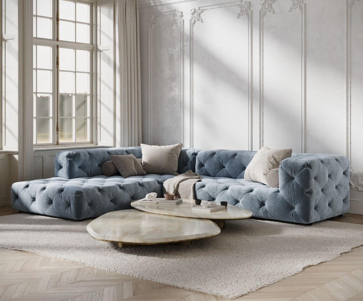 ECKSOFA Cosimo Blau Grau Samtstoff - Blaugrau/Schwarz, Holz/Holzwerkstoff (325/228cm) - Maison de Reve