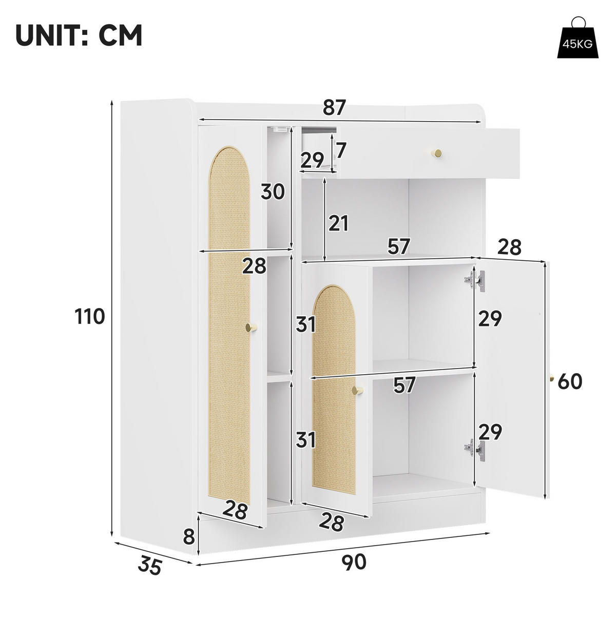 SCHUHSCHRANK mit 3 Türen und Schublade 90 x 35 x 110 cm Weiß/Natur - Weiß, Holz (35/110/90cm) - Beauniv