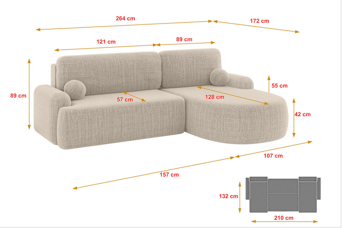 WOHNLANDSCHAFT mit Schlaffunktion und Bettkasten LIRA-L - 264x172x89 Beige - Beige, Holzwerkstoff/Textil (172/264cm) - ALTDECOR