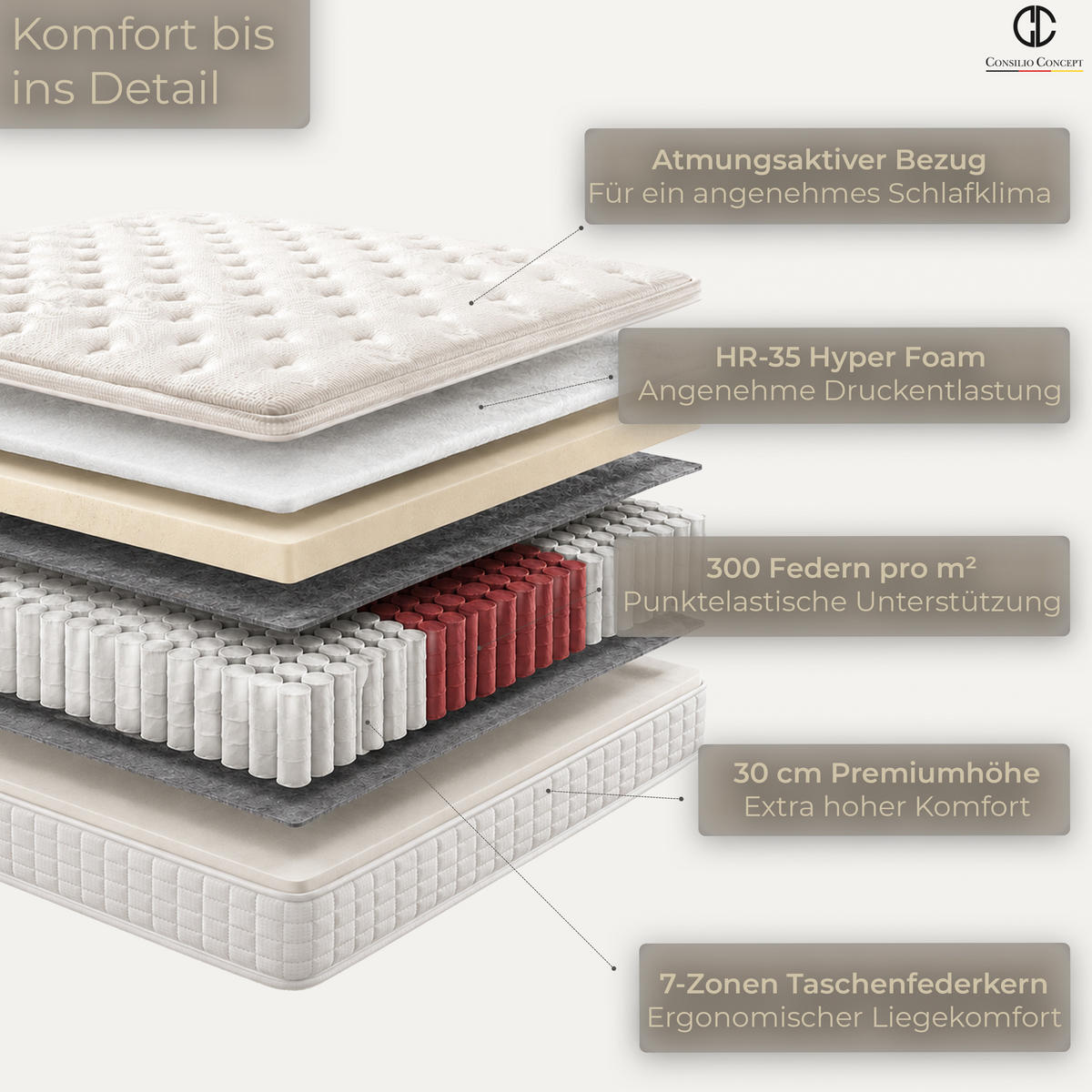 BOXSPRINGBETT MIT BETTKASTEN ARIANA 120/200 cm, Greige, mit Leuchten, Bettkasten, Matratze, Topper integriert, H3 mittel - Greige/Schwarz, Holz/Kunststoff (120/200cm) - Consilio Concept