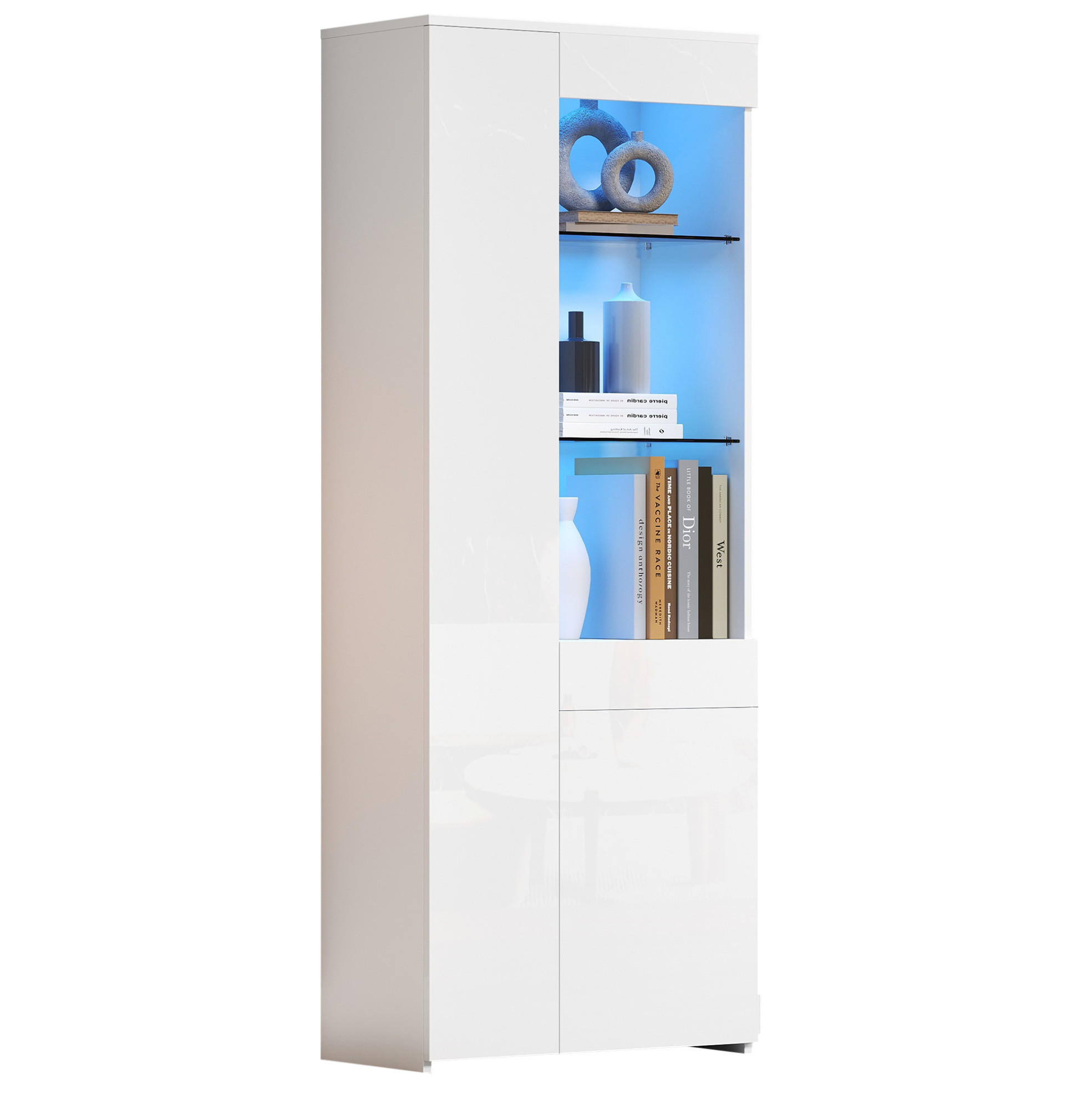 VITRINE mit LED 70 x 35 x 180 cm Hochglanz Weiß - Weiß, Holzwerkstoff (35/180/70cm) - Beauniv