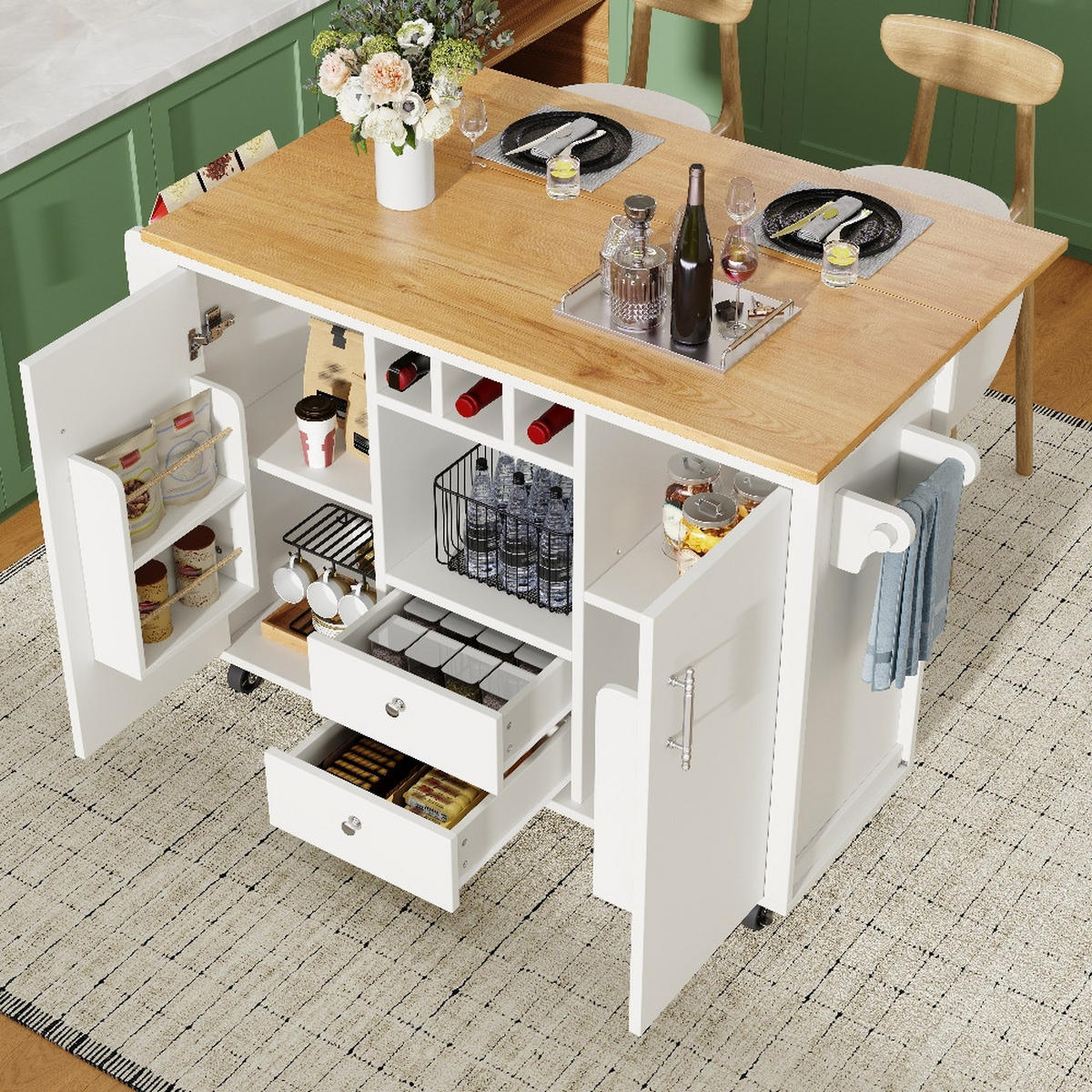KÜCHENINSEL mit KLAPPBARER ARBEITSPLATTE, Weinregal, MDF/Metall, Weiß-Schwarz, 137,9/73/92 cm - Weiß, Kunststoff (73/92.5/137.9cm) - Rolipo