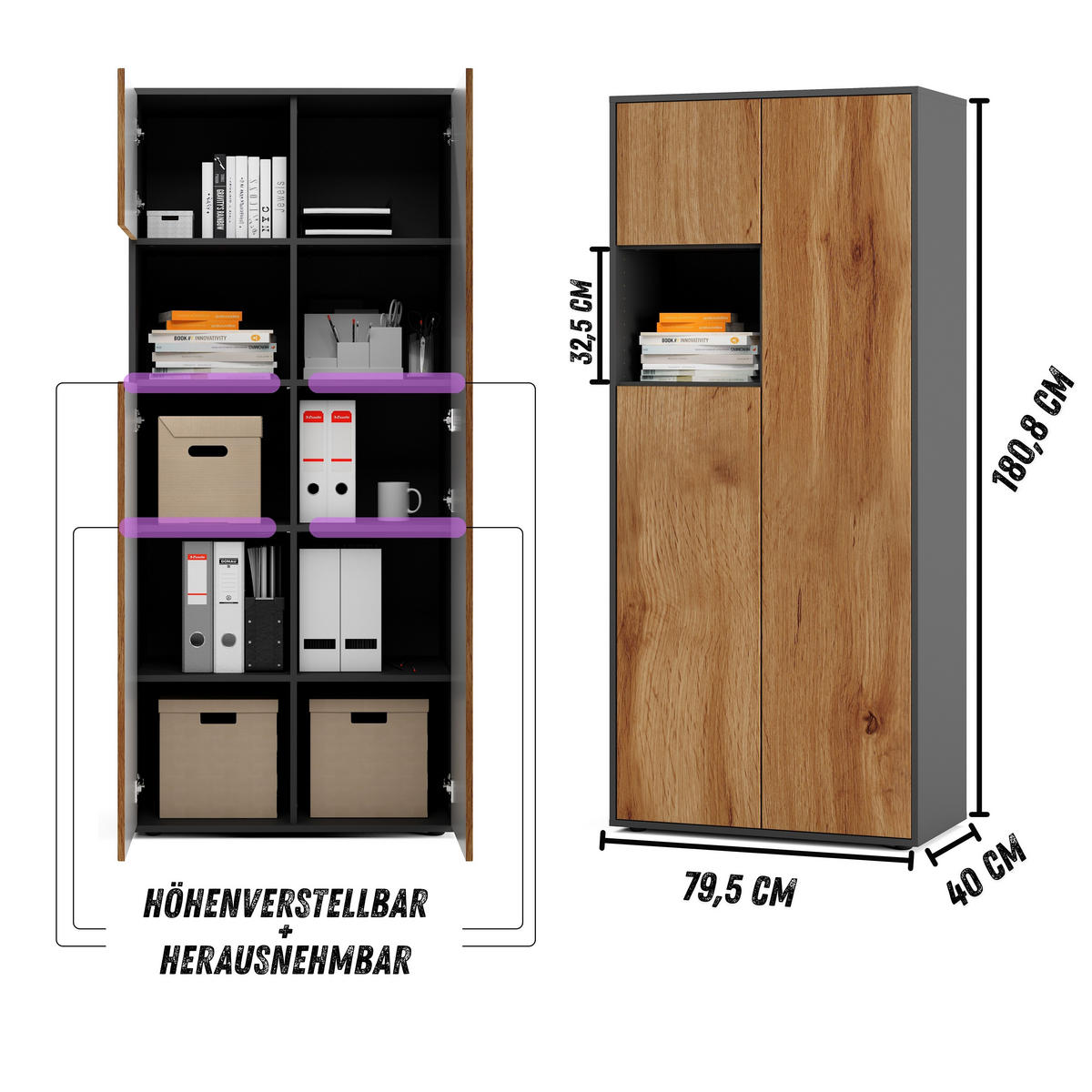 AKTENSCHRANK Amira T10 Eiche Wotan 180/80/40 cm - Eiche Wotan, Holzwerkstoff (80/180/40cm) - SIMPLYFURN