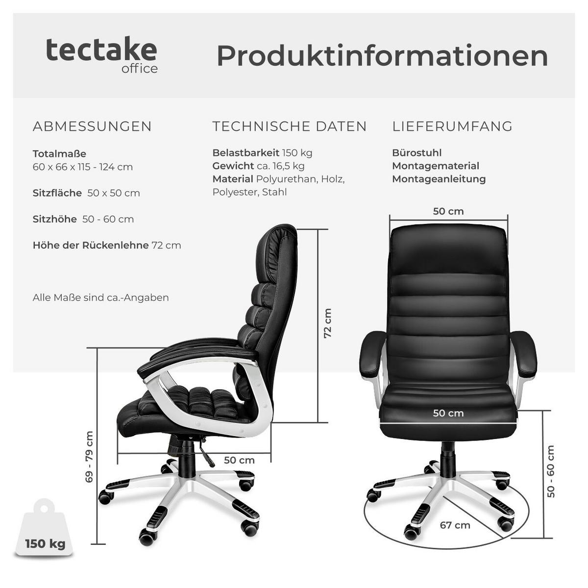 BÜROSTUHL Paul,einstellbare Wippfunktion,schwarz - Schwarz, Textil (66/124/60cm) - tectake