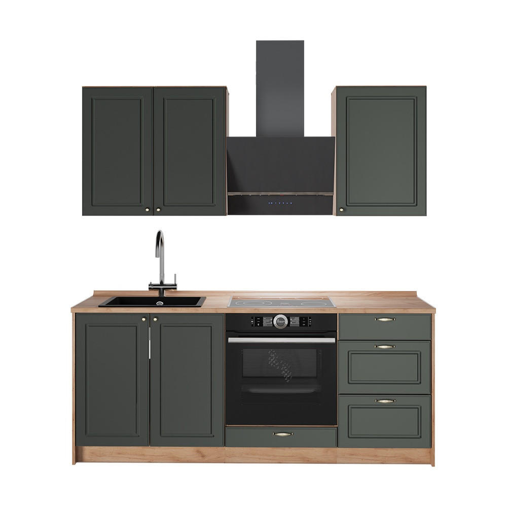SINGLEKÜCHE Fame-Line, Grün-Gold Landhaus/Goldkraft Eiche, 190 cm, AP Eiche - Honigeiche/Grün, Holzwerkstoff (190/82/60cm) - Vicco
