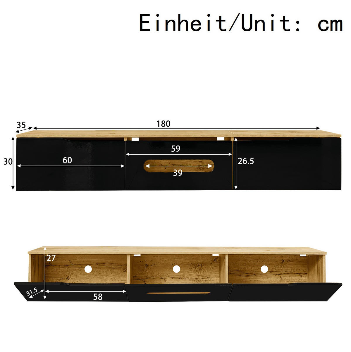 LOWBOARD 180/35/30 cm in Schwarz/Holzoptik mit LED-Beleuchtung, wandmontierbar - Schwarz, Holzwerkstoff (180/30/35cm) - Flora Grace