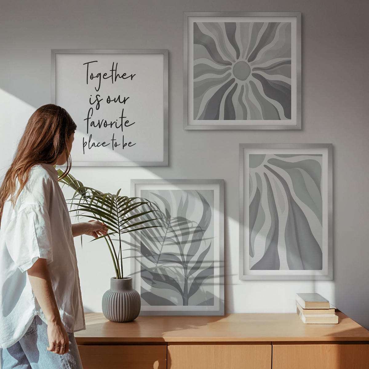 WANDBILDER 4er Set - 50x50 cm & 40x60 cm Silberner Rahmen - Illustrationen mit floralen Pastellmustern - Silberfarben, Kunststoff (50/50cm) - ArtPrintCave