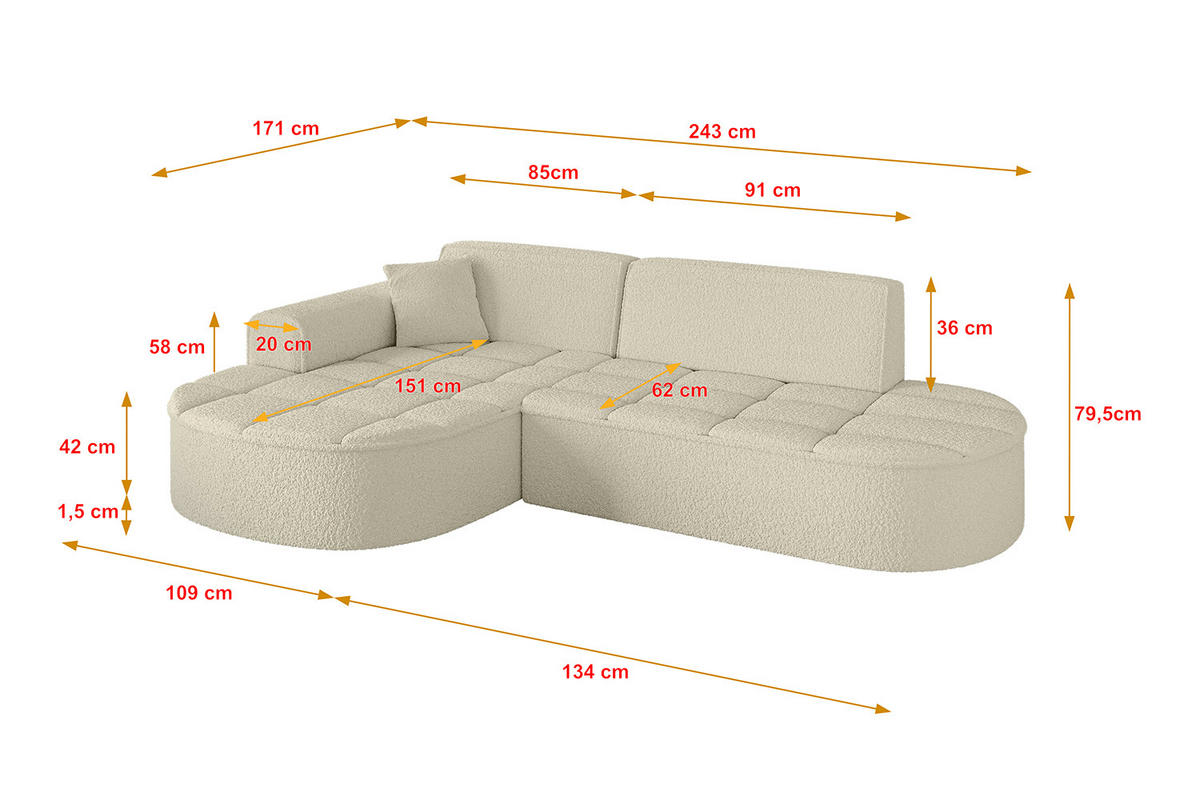 ECKSOFA Ottomane Links TARO-L1 - 243x171x79,5 cm Beige - Beige, Holzwerkstoff/Textil (243/171cm) - ALTDECOR