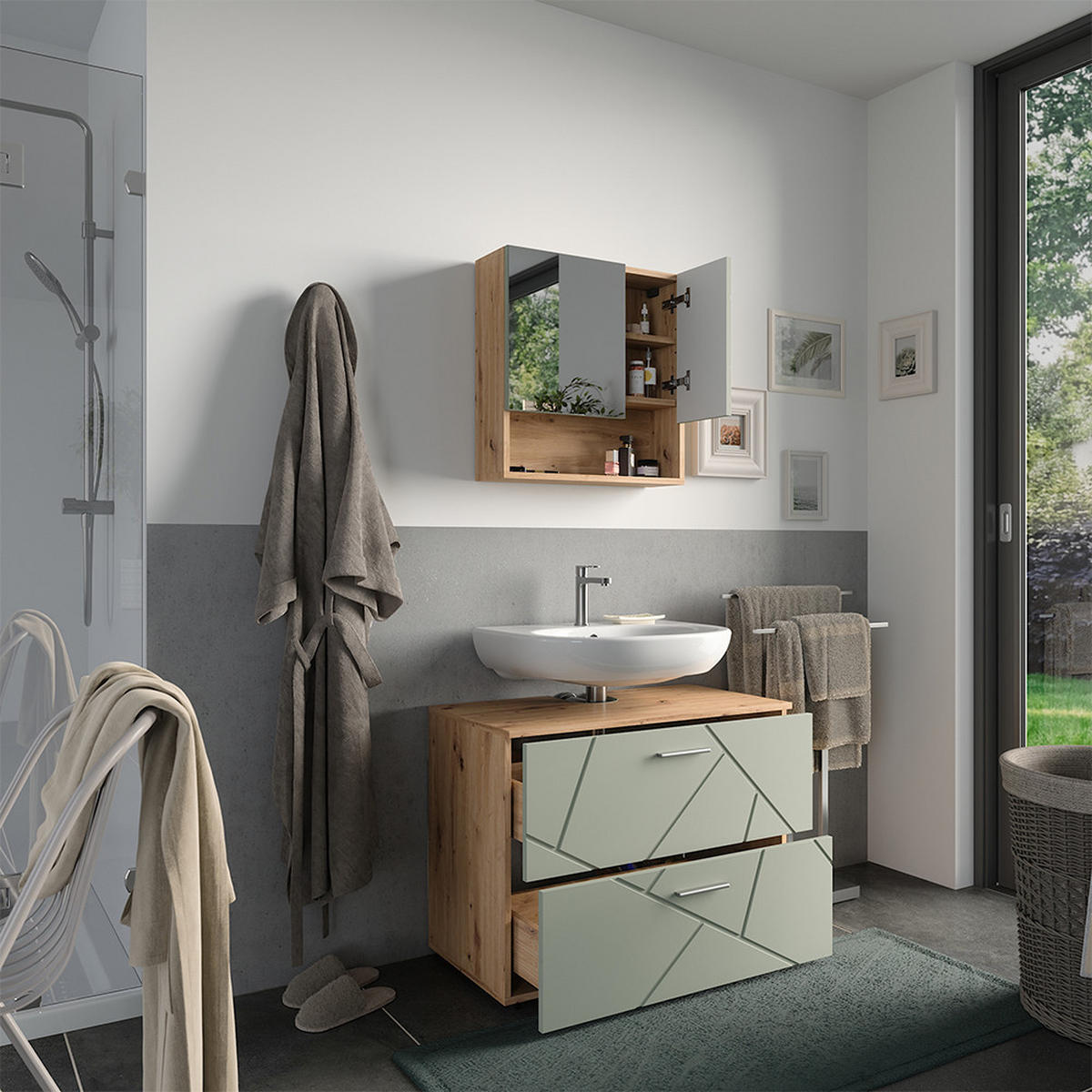 BADMÖBEL-SET Irma Salbeigrün 2 Teile - Salbeigrün, Holzwerkstoff (80/58.6/30cm) - Vicco