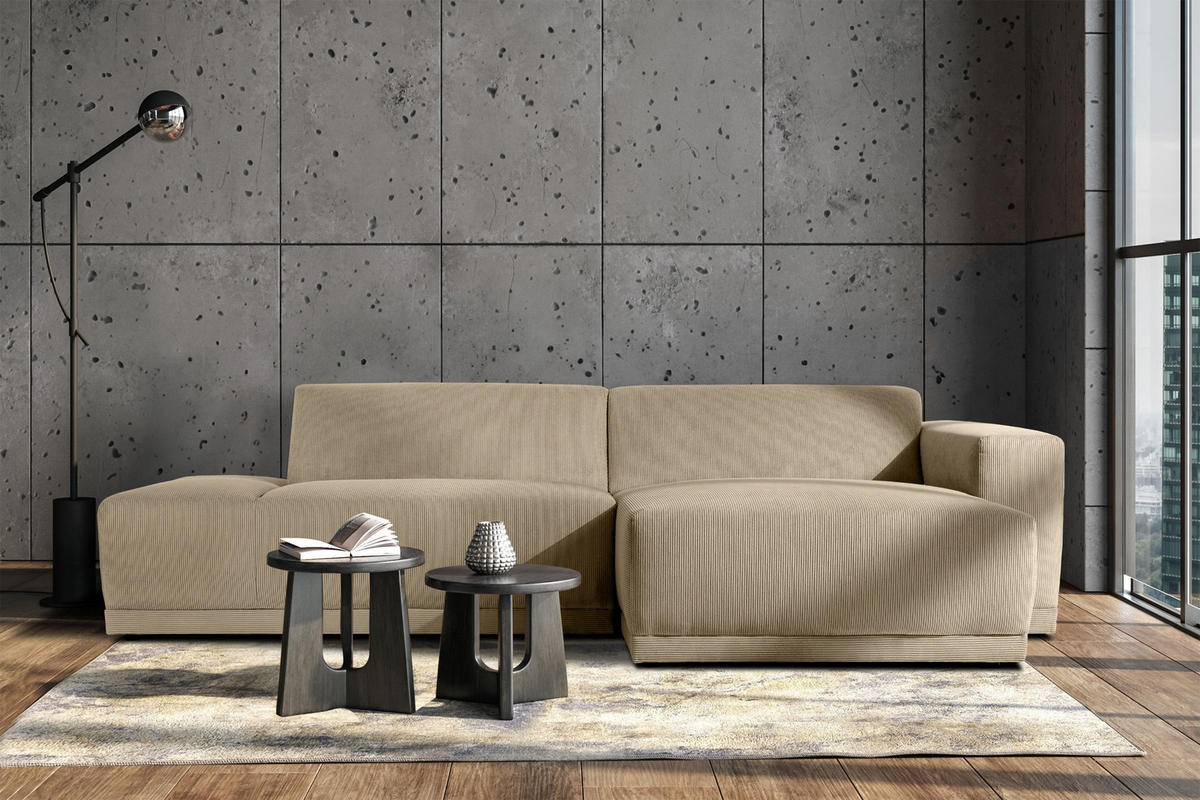 ECKSOFA-RECHTS MUDI in moderner Optik mit hochwertigem Kaltschaum, Cord-Stoff, beige - Beige/Schwarz, Textil (280/160cm) - KONSIMO®