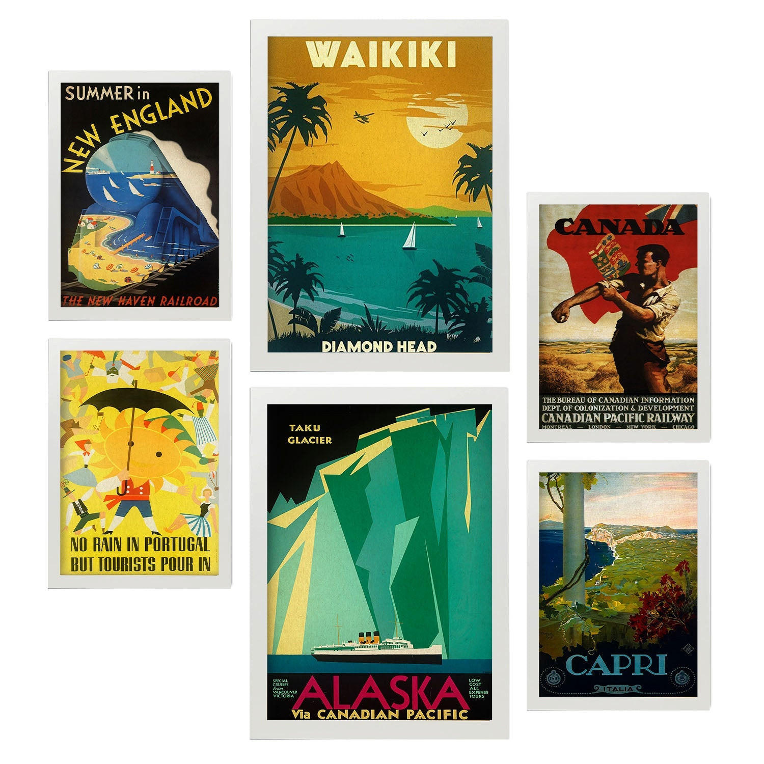 POSTER Set Mit 6 Strände Und Kreuzfahrten Vollfarbige Illustrationen Von Vintage Tourismus Werbetafeln Aus Der Ganzen Welt A3 & A4 Weißer Rahmen - Weiß, Papier (29/3cm) - Nacnic
