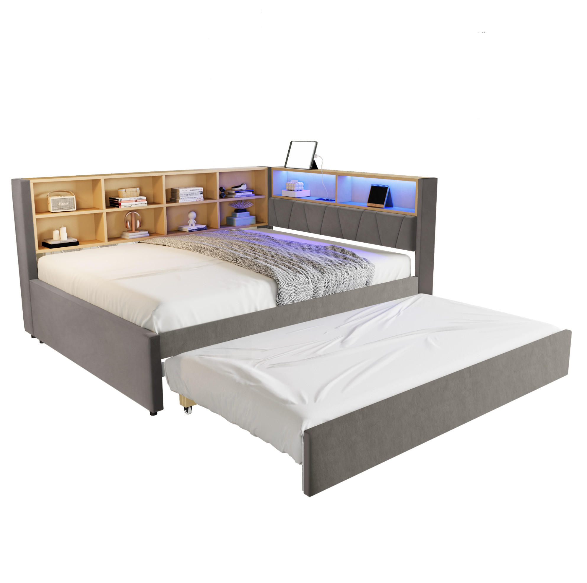 BETT 140/200 cm mit Ausziehbett 90/190 cm, LED und USB-/Type-C-Anschlüssen - Dunkelgrau, Textil (140/200cm) - Flora Grace